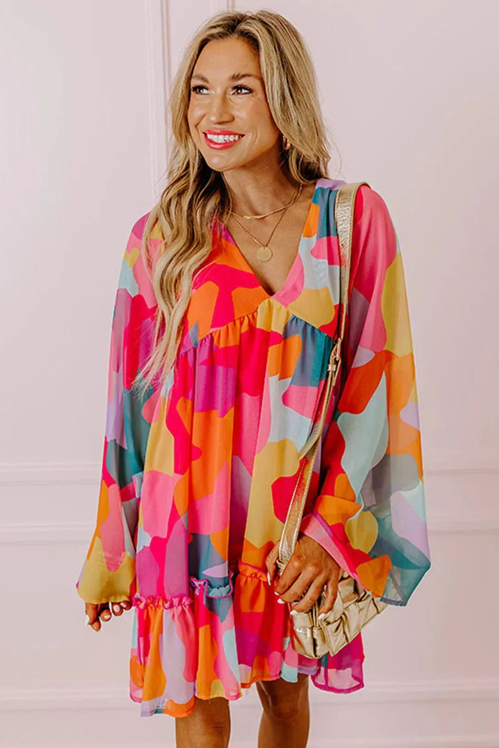 Orange - Women's abstract print chiffon mini dress featuring a V-neckline, long voluminous sleeves, and a tiered ruffled hem.