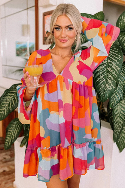 Orange - Women's abstract print chiffon mini dress featuring a V-neckline, long voluminous sleeves, and a tiered ruffled hem.