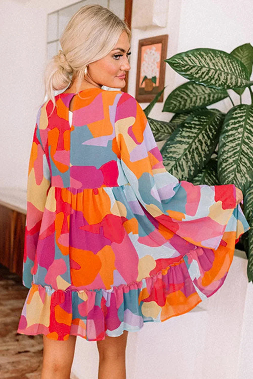 Orange - Women's abstract print chiffon mini dress featuring a V-neckline, long voluminous sleeves, and a tiered ruffled hem.