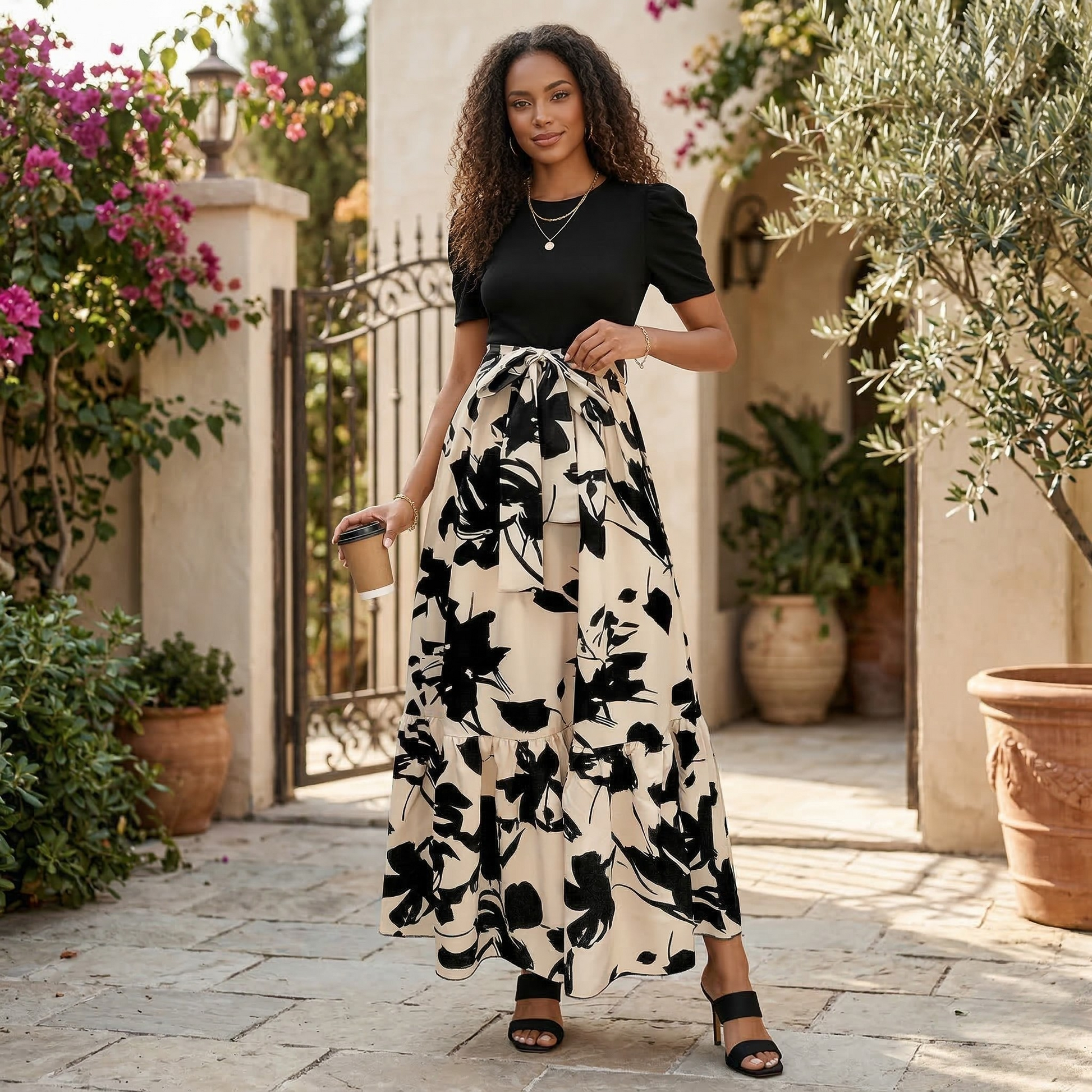 Abstract Floral Puff Sleeve Tiered Maxi Dress – Merisell