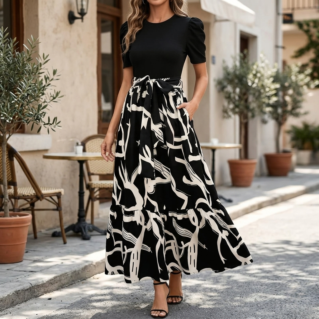 Abstract Black - A woman wearing a mock two-piece maxi dress with a fitted black short-sleeve bodice and a high-waisted cream skirt featuring a bold black abstract floral print, styled with a self-tie waist and tiered hem.