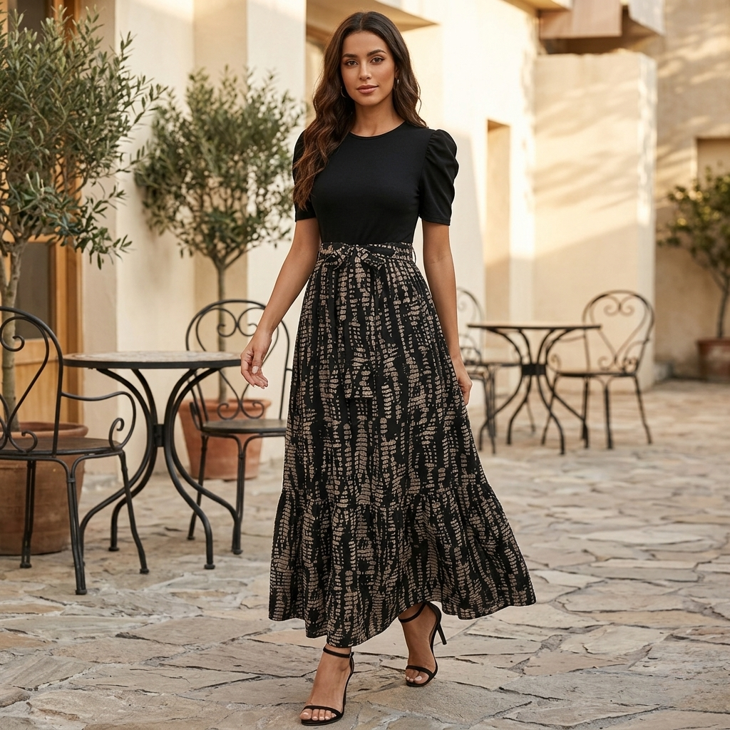 Green-Black - A woman wearing a mock two-piece maxi dress with a fitted black short-sleeve bodice and a high-waisted cream skirt featuring a bold black abstract floral print, styled with a self-tie waist and tiered hem.