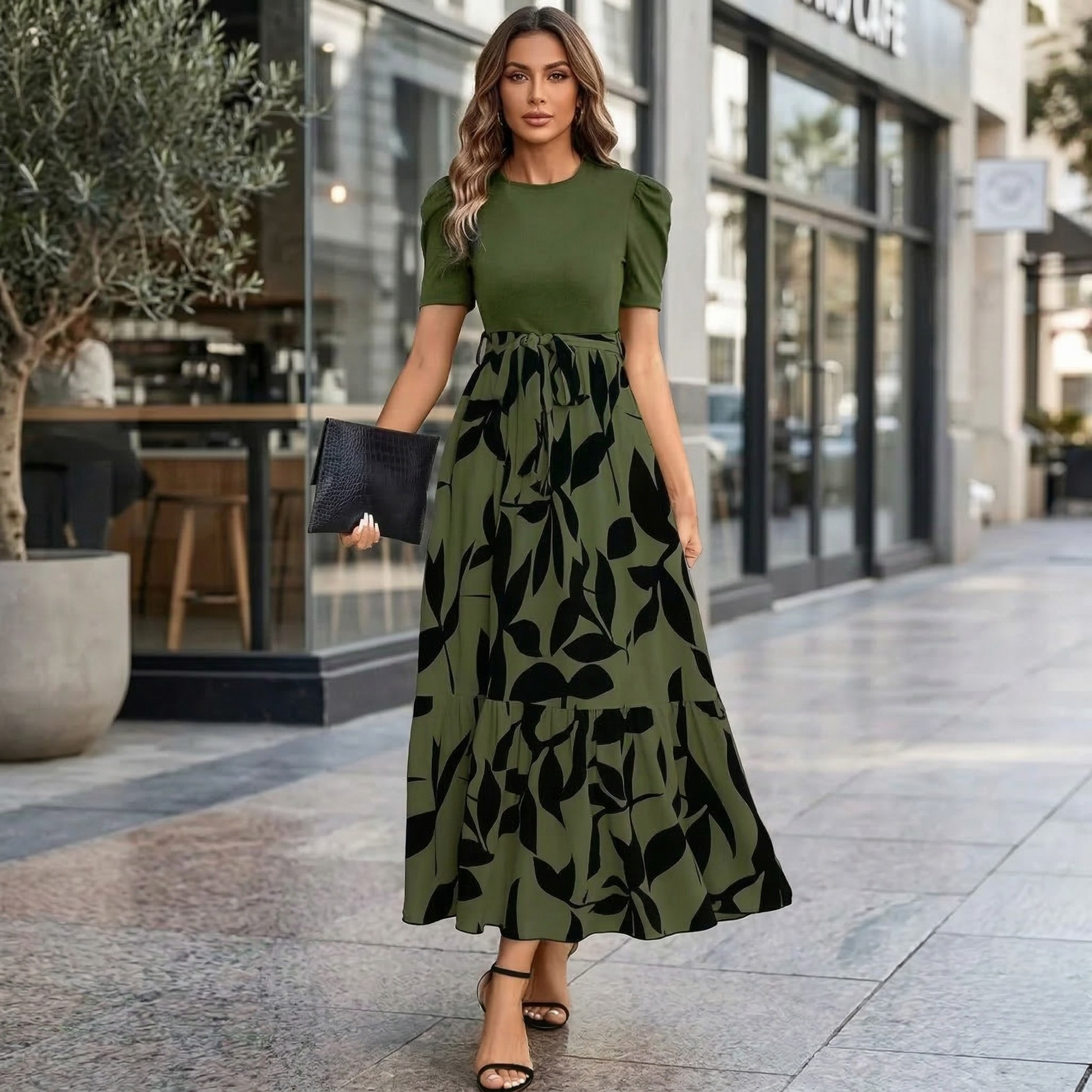 Olive-Black Leaf - A woman wearing a mock two-piece maxi dress with a fitted black short-sleeve bodice and a high-waisted cream skirt featuring a bold black abstract floral print, styled with a self-tie waist and tiered hem.