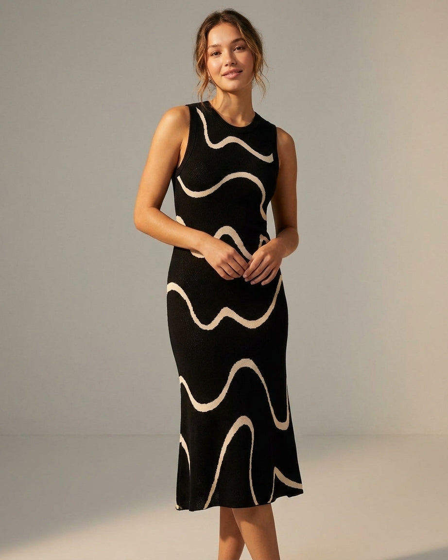 Black - A woman wearing a black knit midi dress featuring a cream abstract wave pattern, thin spaghetti straps, and a square neckline.