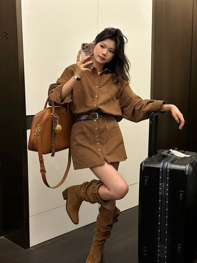 Belted Long Sleeve Shirt Dress
