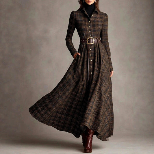 Belted Plaid Maxi Shirt Dress