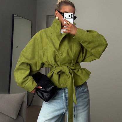 Belted Suede Stand Collar Jacket