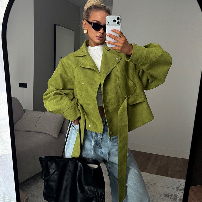 Belted Suede Stand Collar Jacket