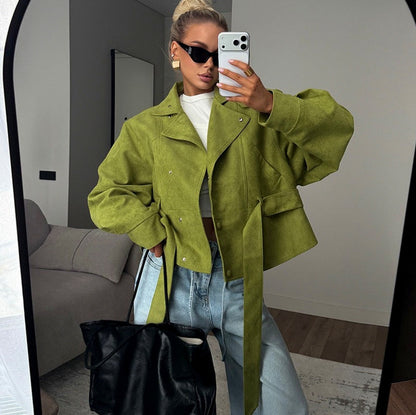 Belted Suede Stand Collar Jacket