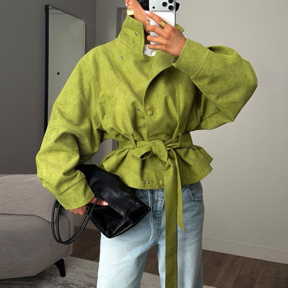 Belted Suede Stand Collar Jacket