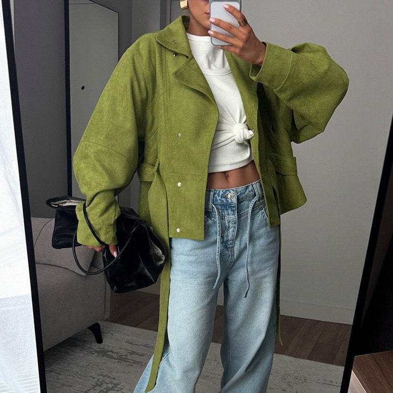 Belted Suede Stand Collar Jacket