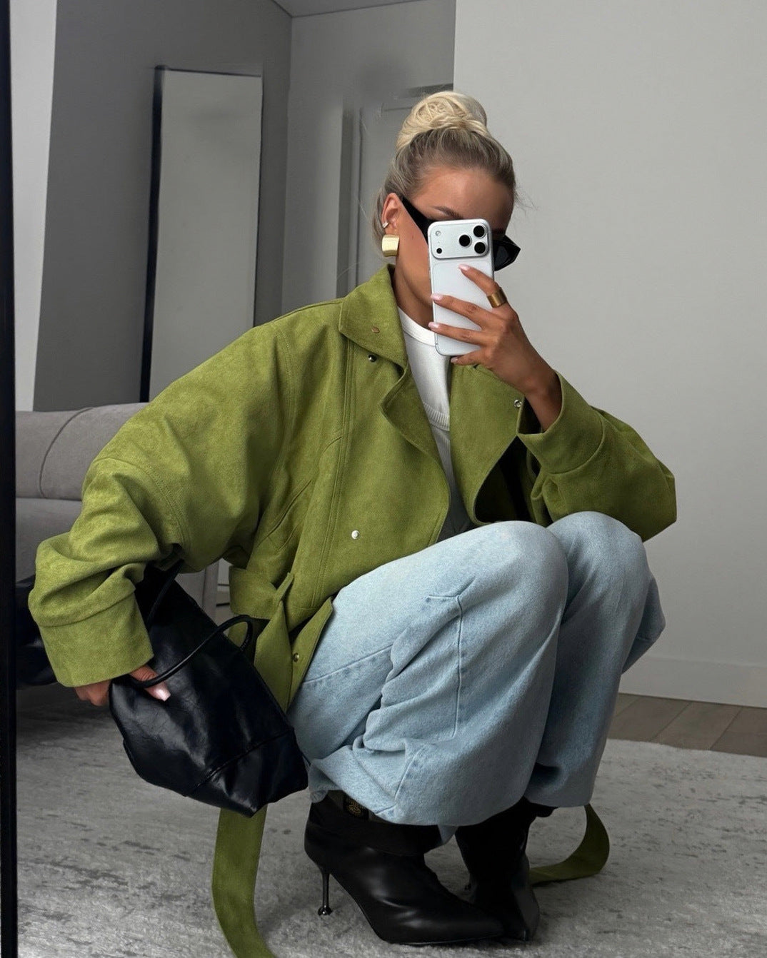 Belted Suede Stand Collar Jacket