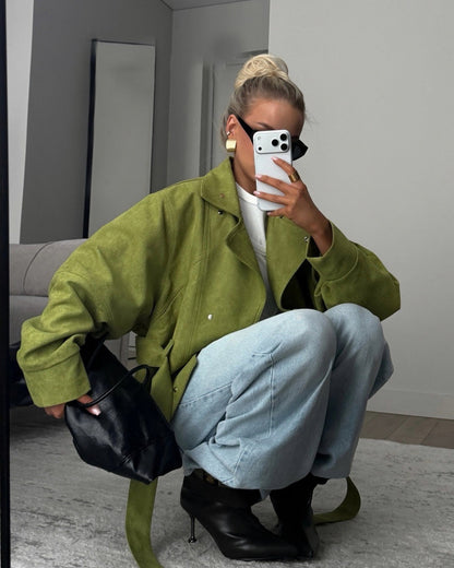 Belted Suede Stand Collar Jacket