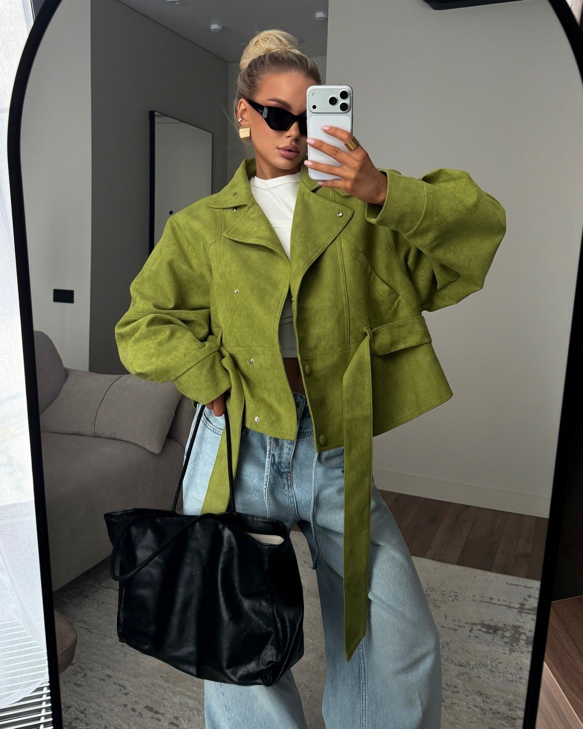 Belted Suede Stand Collar Jacket