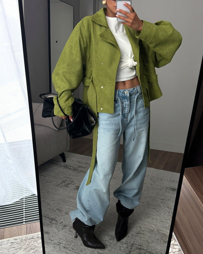 Belted Suede Stand Collar Jacket