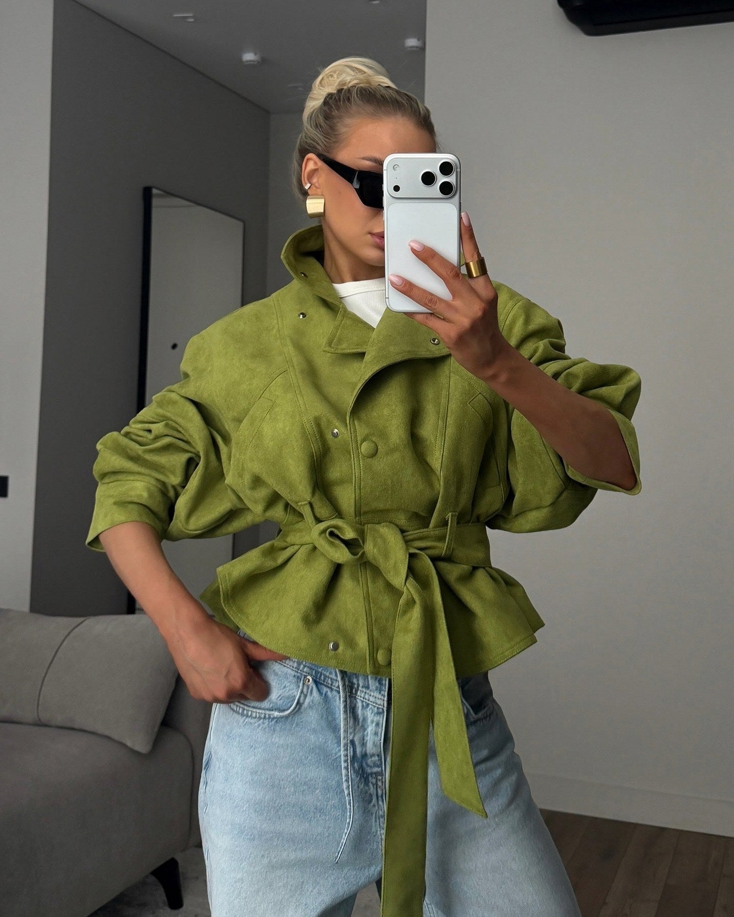 Belted Suede Stand Collar Jacket