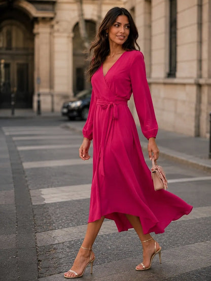 Bishop Sleeve Tie Waist Wrap Maxi Dress
