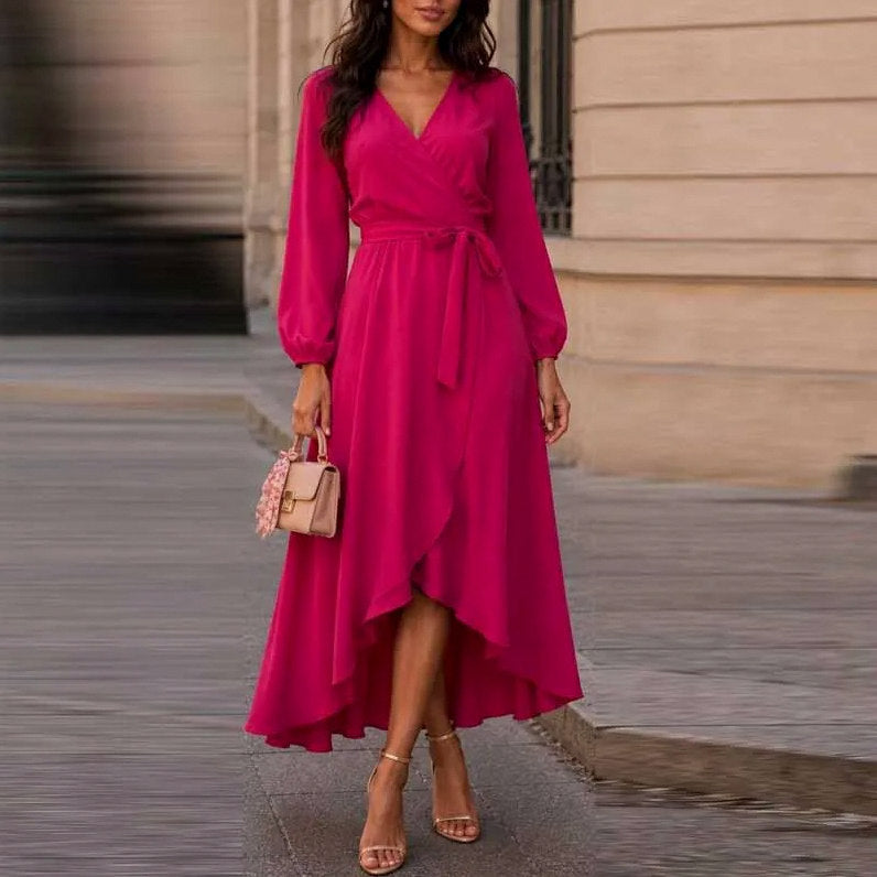Bishop Sleeve Tie Waist Wrap Maxi Dress