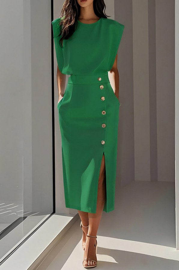 Button Front Midi Skirt Set