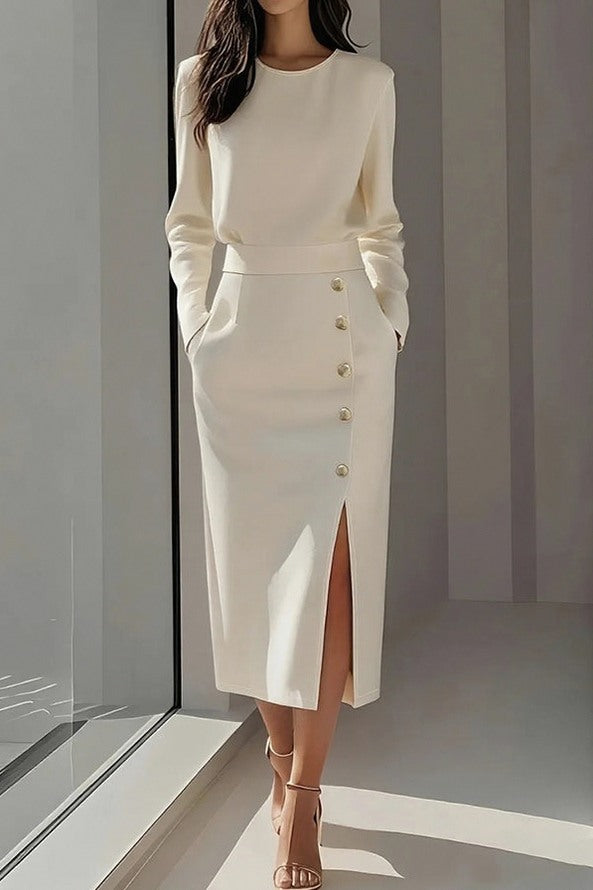 Button Front Slit Midi Skirt