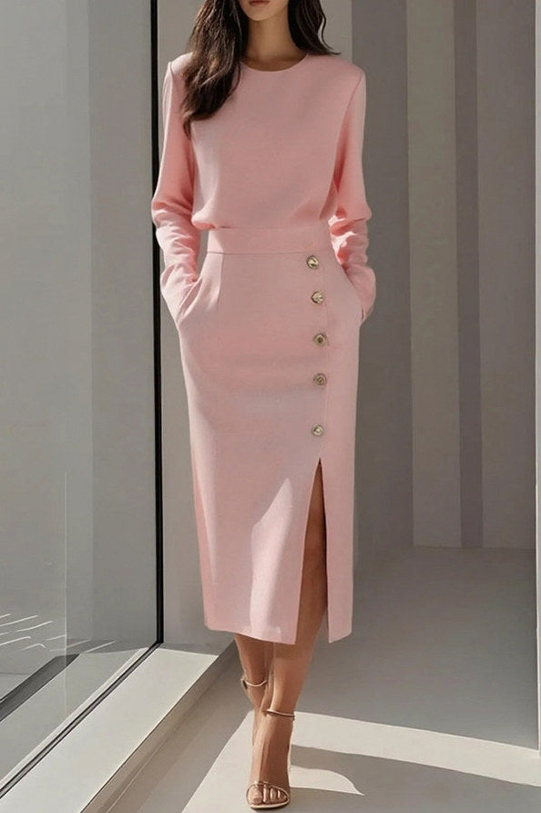 Button Front Slit Midi Skirt