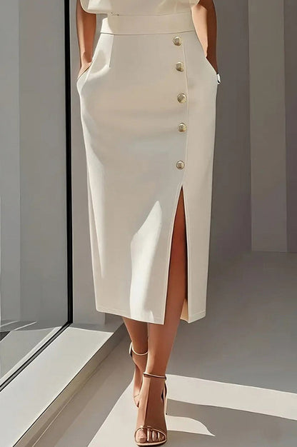 Button Front Slit Midi Skirt