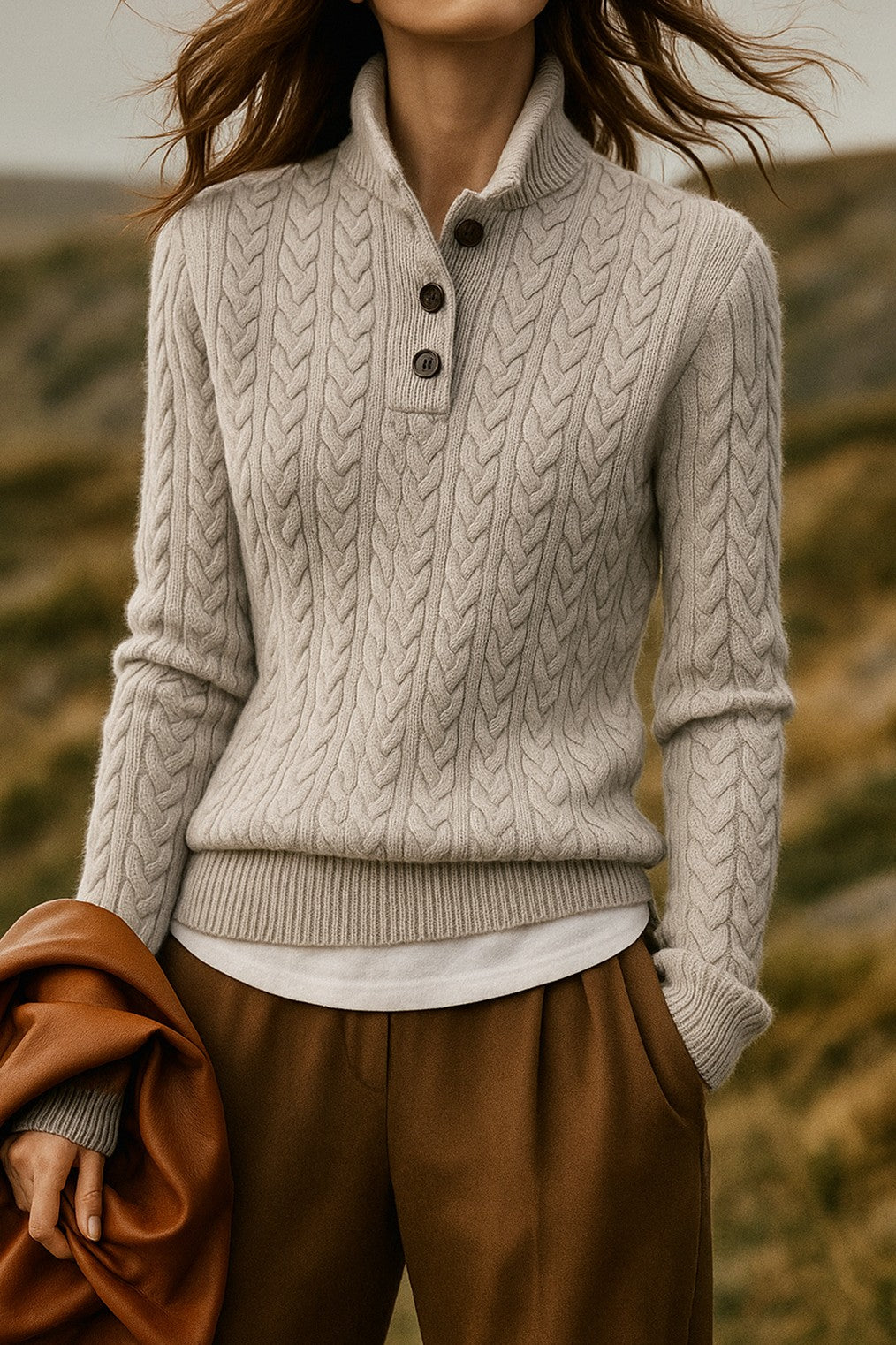 Cable Knit Button Neck Sweater