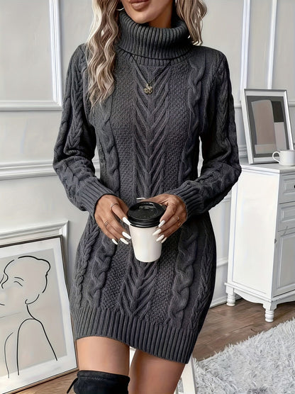 Cable Knit Turtleneck Sweater Dress