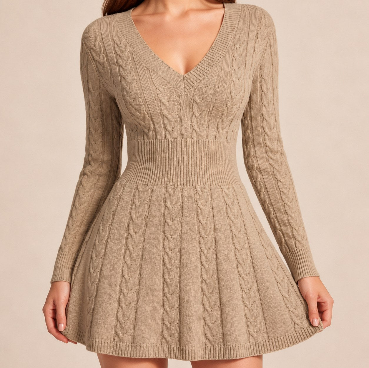 Cable Knit V Neck Sweater Dress