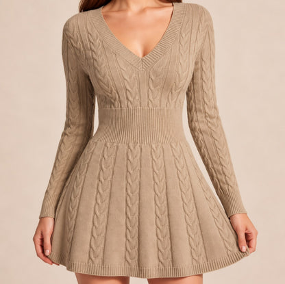 Cable Knit V Neck Sweater Dress