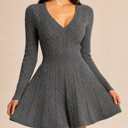 Cable Knit V Neck Sweater Dress