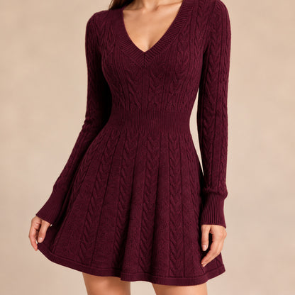 Cable Knit V Neck Sweater Dress