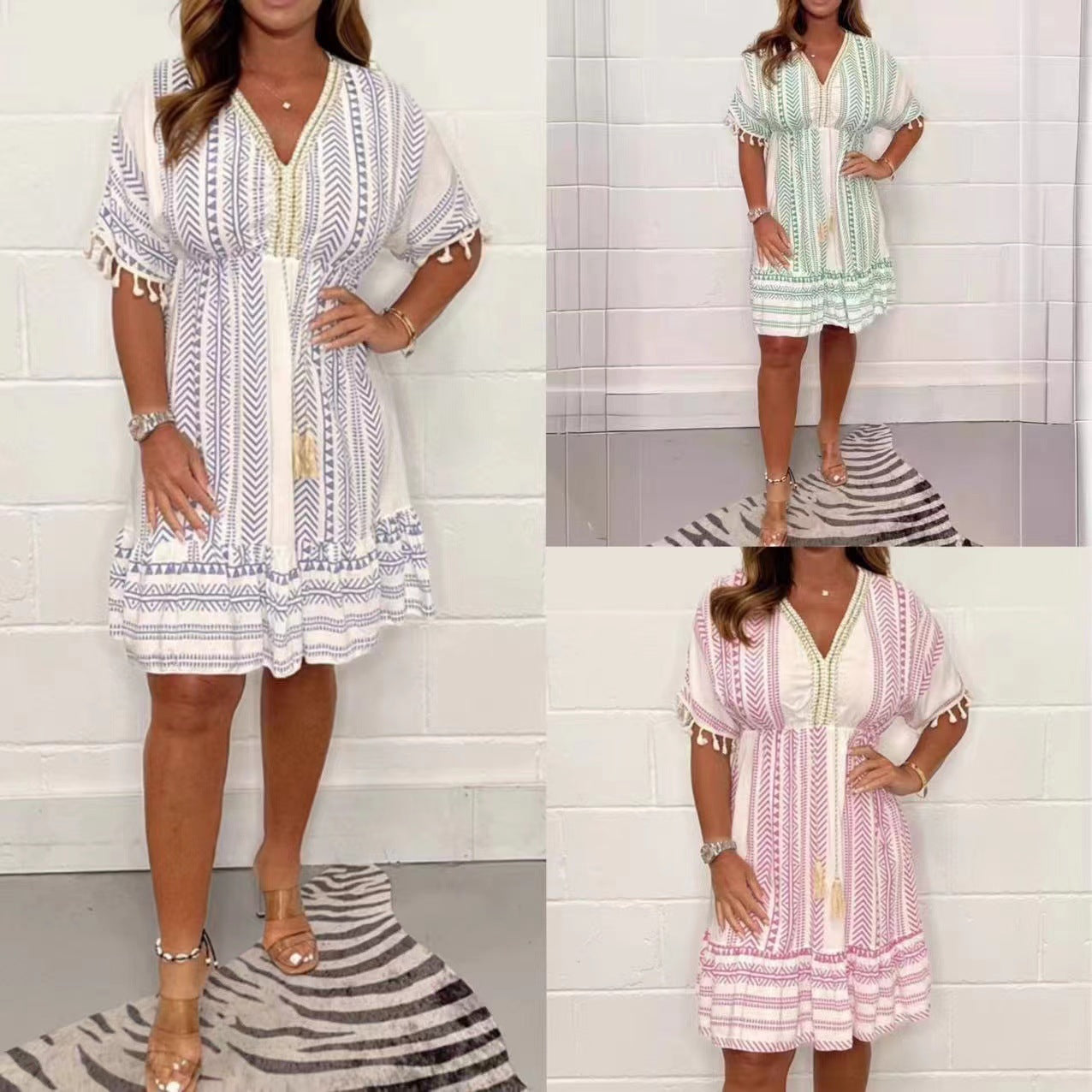 Lavender White - A woman wearing a white mini dress with blue chevron and geometric prints, featuring a V-neckline with tassel ties, flutter sleeves with tassel trim, and an empire waist.