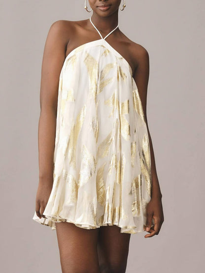 Metallic Chiffon Halter Babydoll Mini Dress