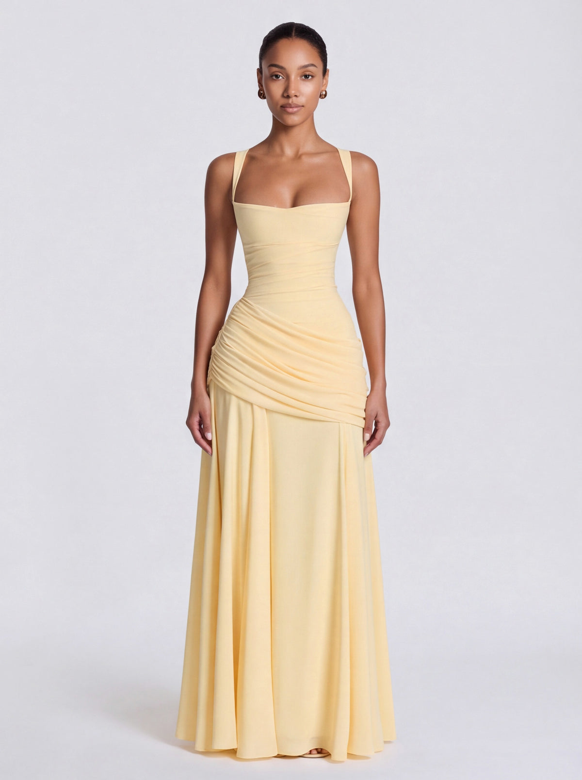 Chiffon Corset Ruched Drop Waist Maxi Dress