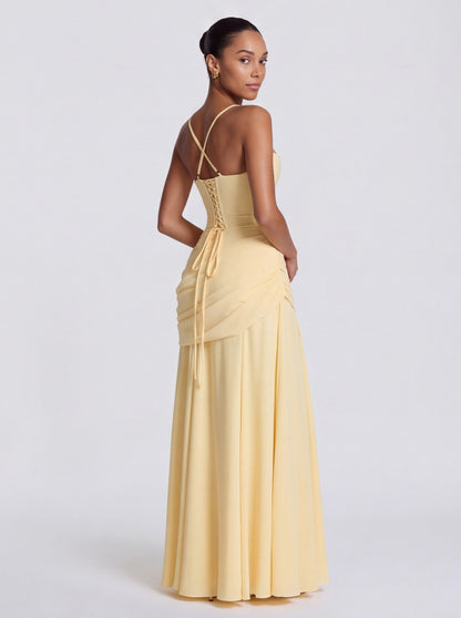 Chiffon Corset Ruched Drop Waist Maxi Dress