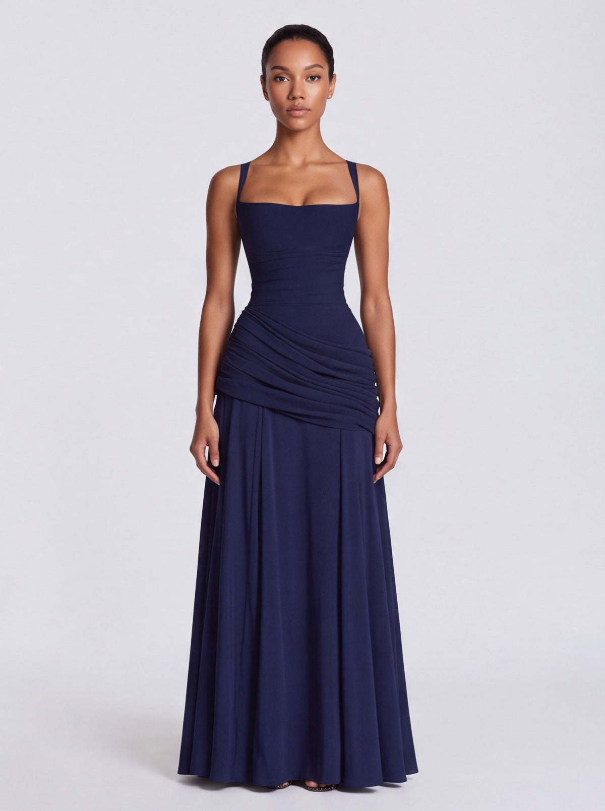 Chiffon Corset Ruched Drop Waist Maxi Dress
