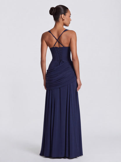 Chiffon Corset Ruched Drop Waist Maxi Dress