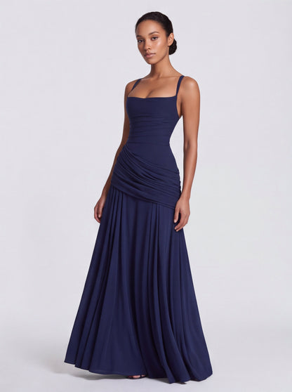 Chiffon Corset Ruched Drop Waist Maxi Dress
