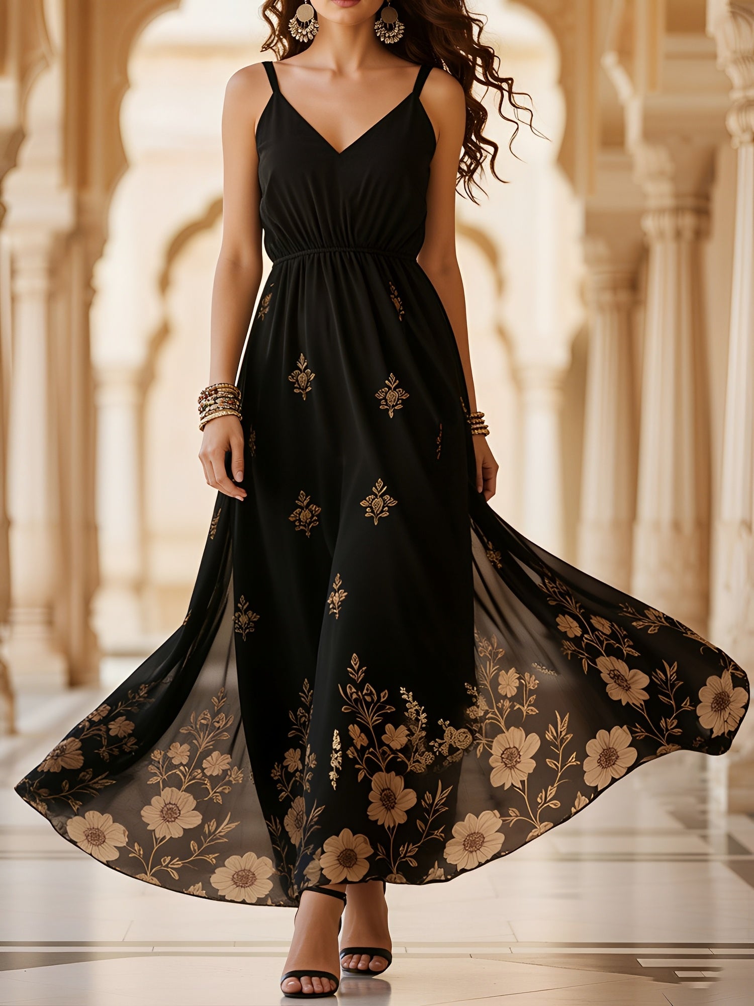 Black - Woman walking in a long, flowy, sleeveless maxi dress featuring a botanical floral pattern and spaghetti straps.