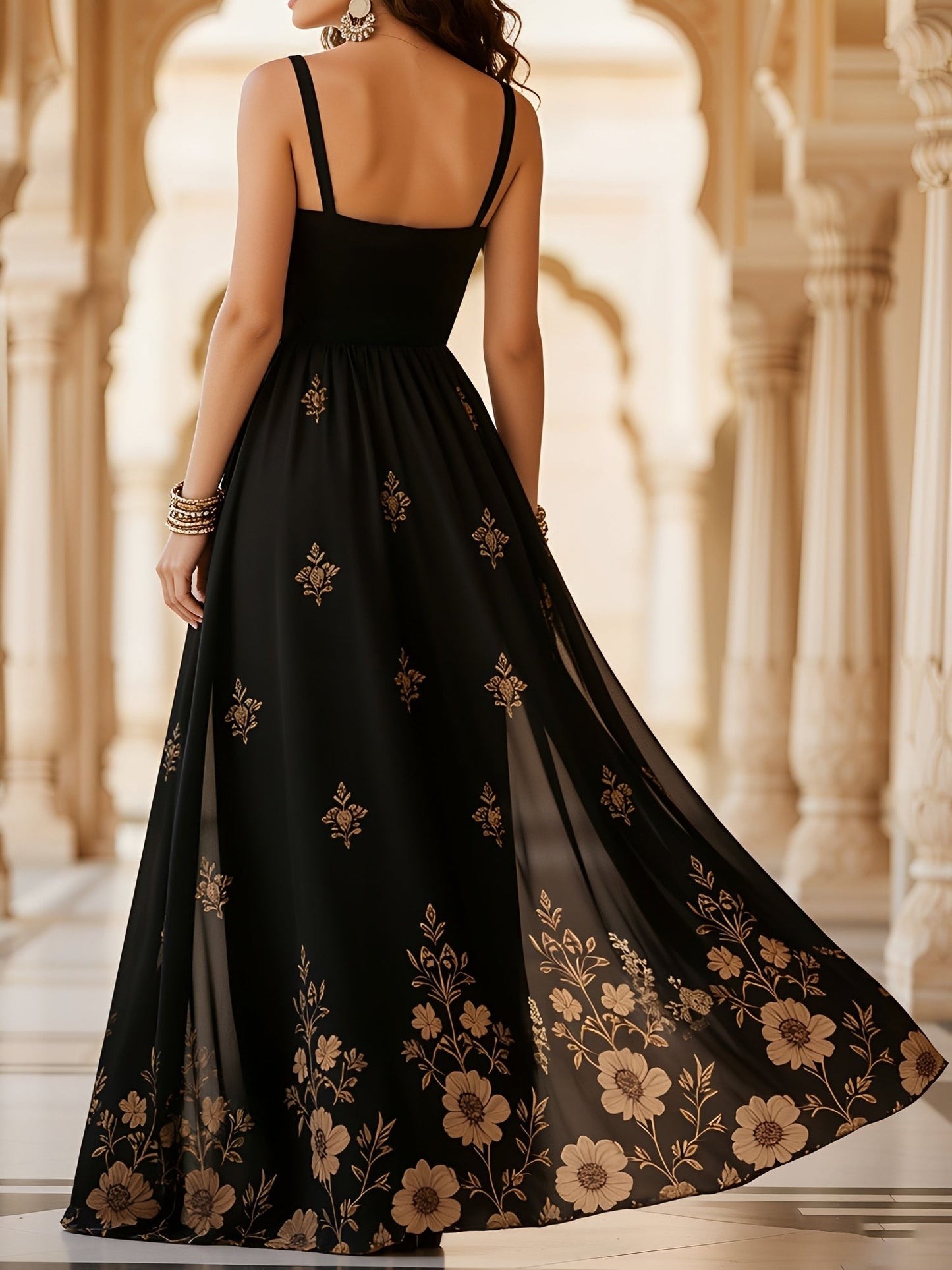 Black - Woman walking in a long, flowy, sleeveless maxi dress featuring a botanical floral pattern and spaghetti straps.