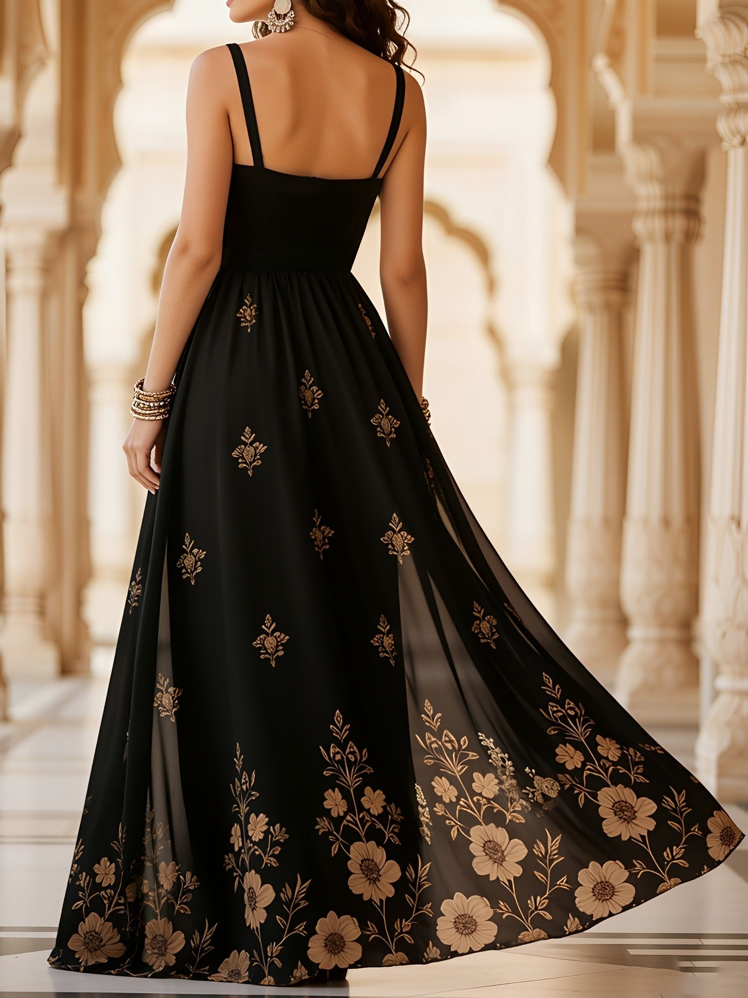 Black - Woman walking in a long, flowy, sleeveless maxi dress featuring a botanical floral pattern and spaghetti straps.