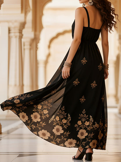 Black - Woman walking in a long, flowy, sleeveless maxi dress featuring a botanical floral pattern and spaghetti straps.