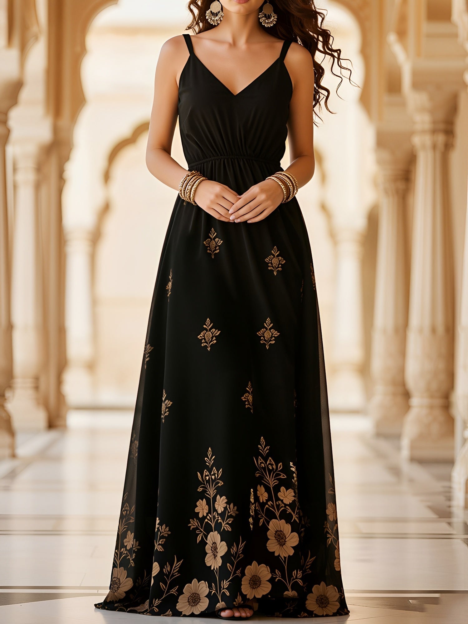 Black - Woman walking in a long, flowy, sleeveless maxi dress featuring a botanical floral pattern and spaghetti straps.
