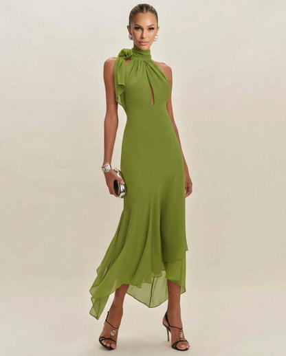 Chiffon Halter Cutout Midi Dress