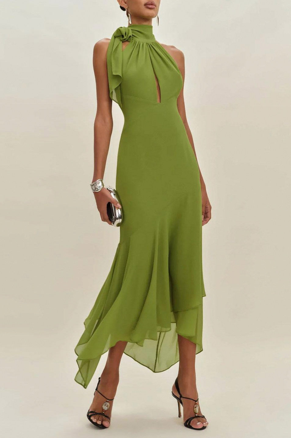Chiffon Halter Cutout Midi Dress