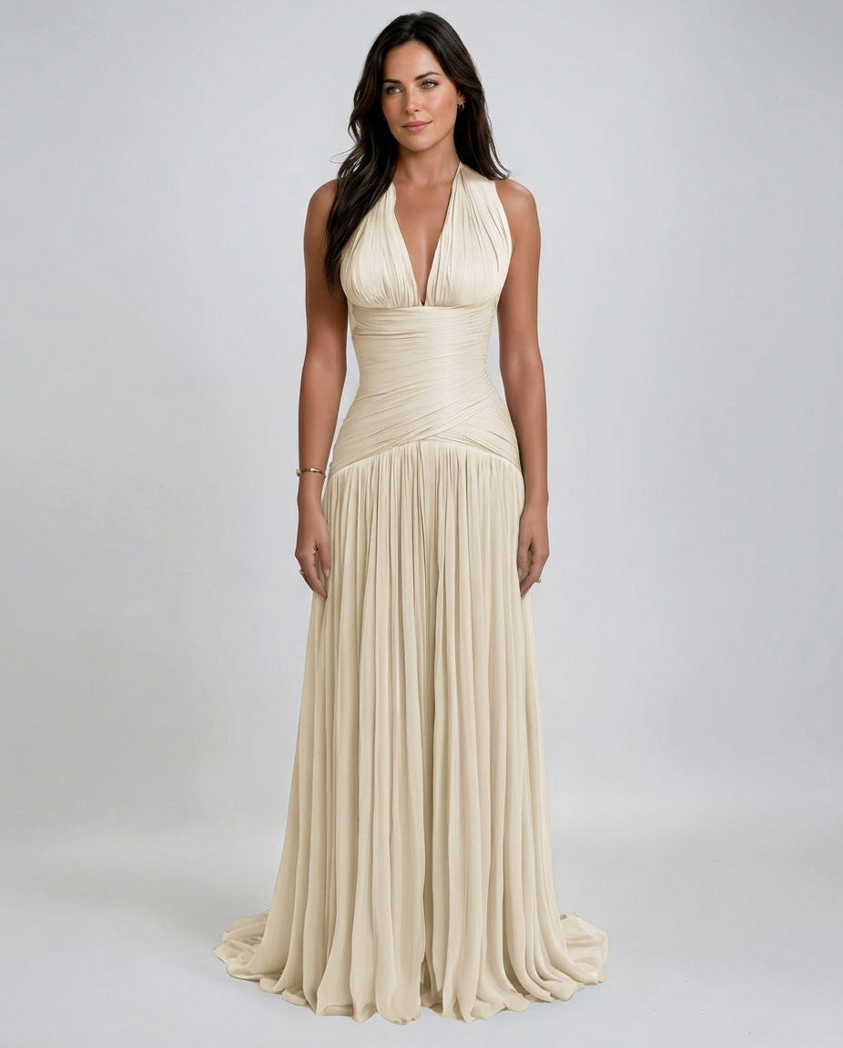 Chiffon Halter Drop Waist Maxi Dress