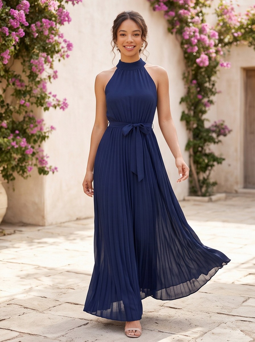 Chiffon Halter Pleated Maxi Dress
