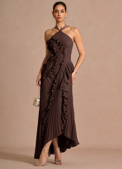 Chiffon Halter Pleated Maxi Dress