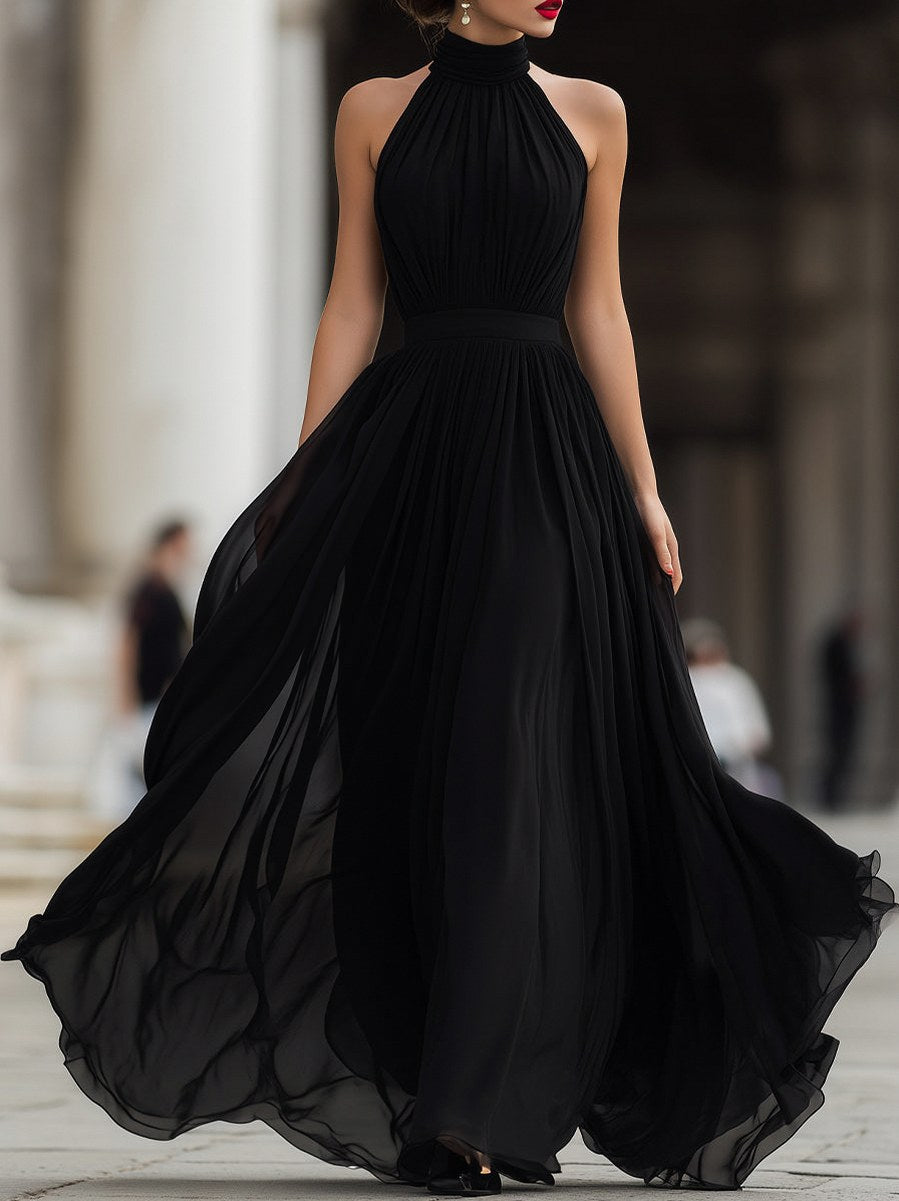 Chiffon Halter Pleated Maxi Dress